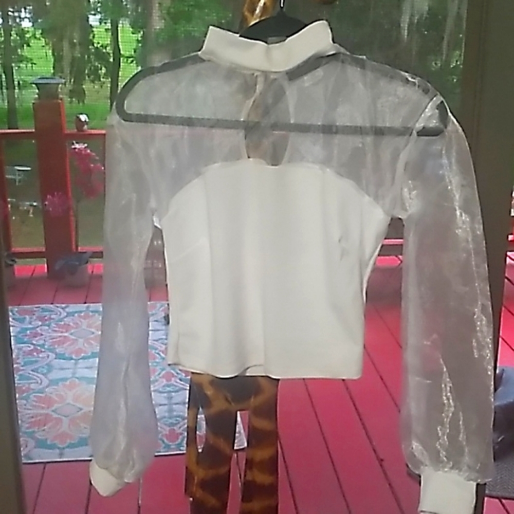 White, blouse with sheer sleeves and upper front and  back sheer too! Medium